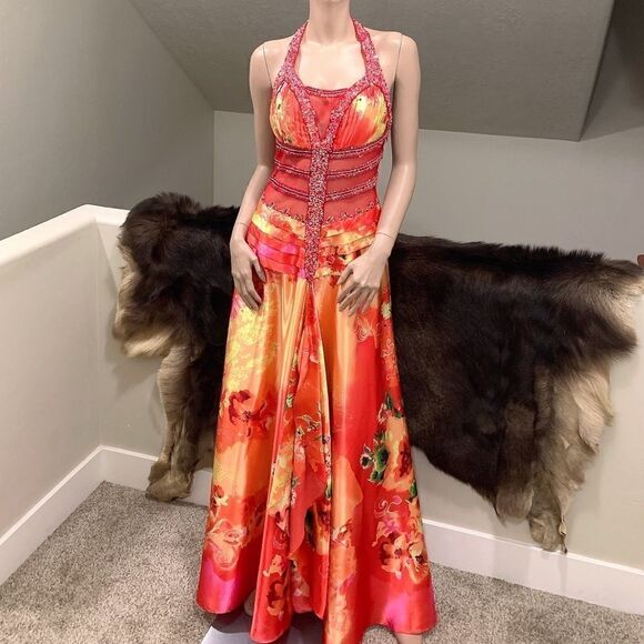 Stunning Floral Satin Halter Beaded Evening Dress - Picture 1 of 16